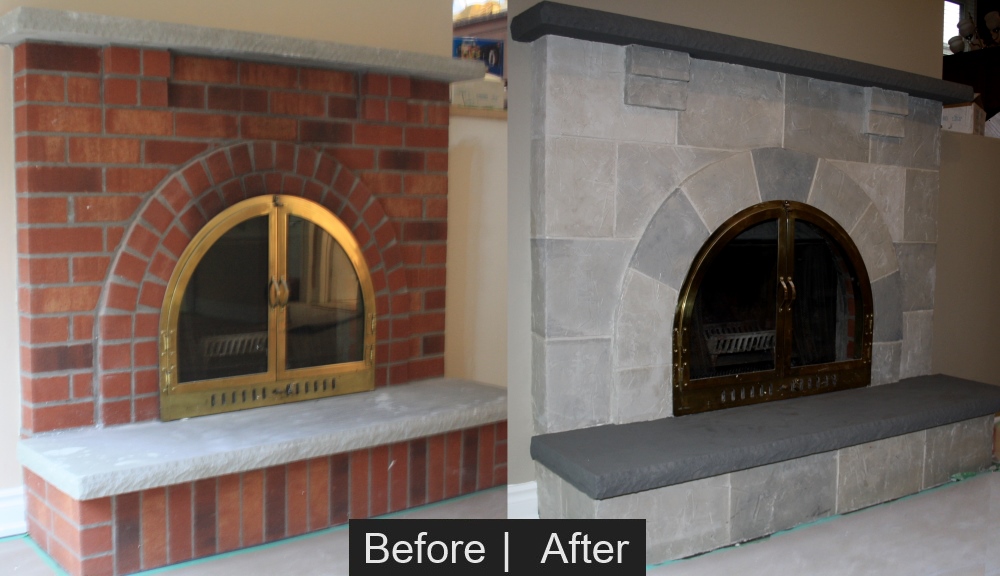 Stucco Stone Fireplace before and after